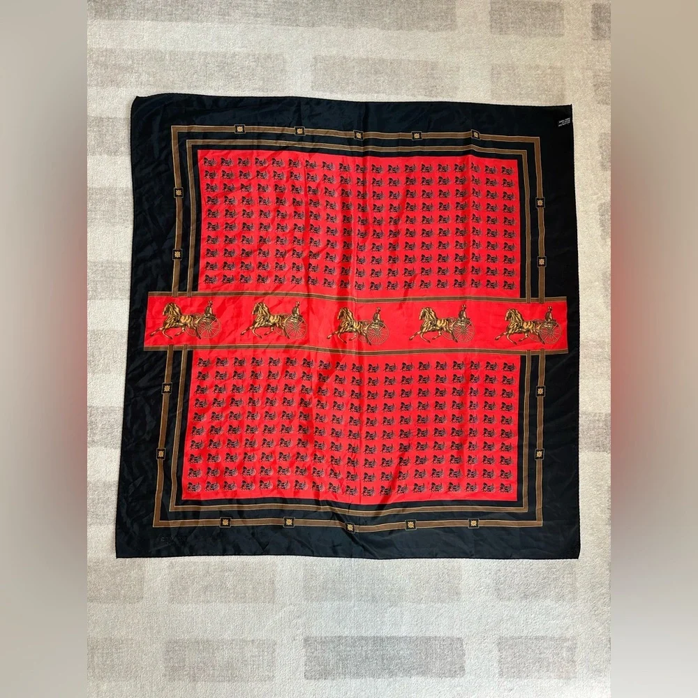 Vintage Hermes Paris Silk Horse and Carriage Scarf Red and Black